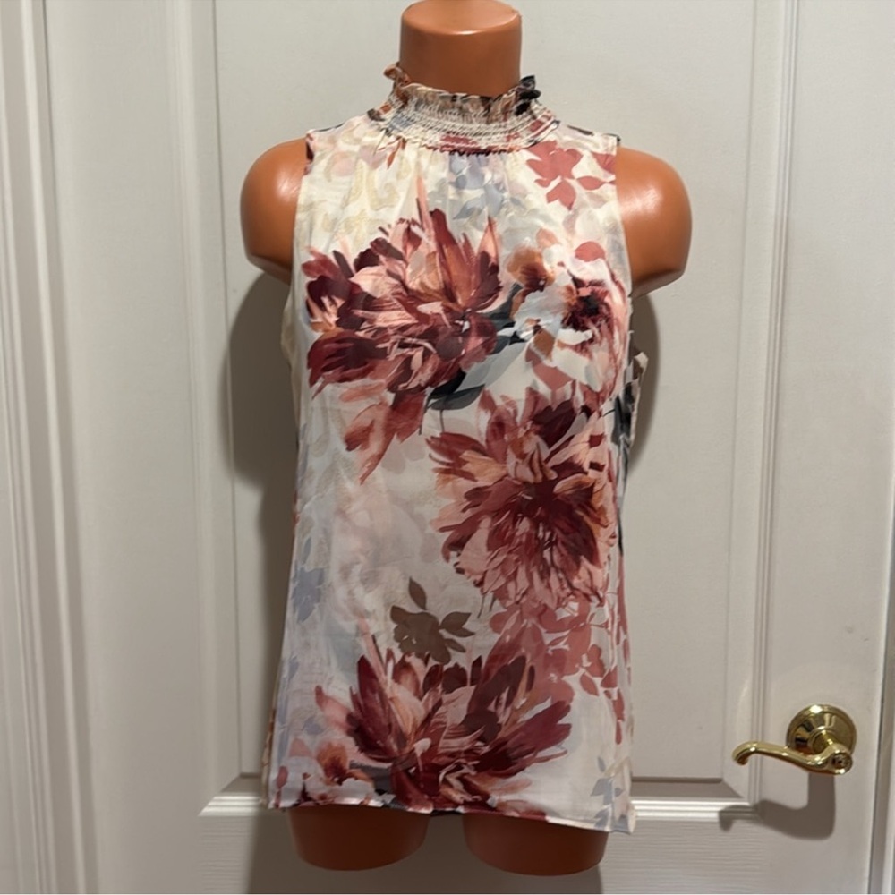 WHBM Marilyn Mock Neck Floral Organza Satin Top Romance Collection EUC $88 - Picture 2 of 8